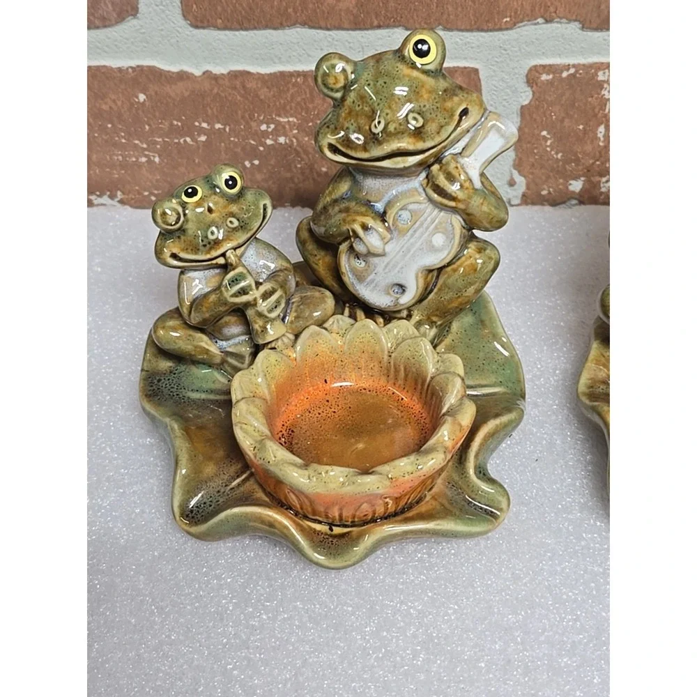 Frogs Toads Votive Candle‎ Holder Playing Instruments on Lily Pad Ceramic Lot 2